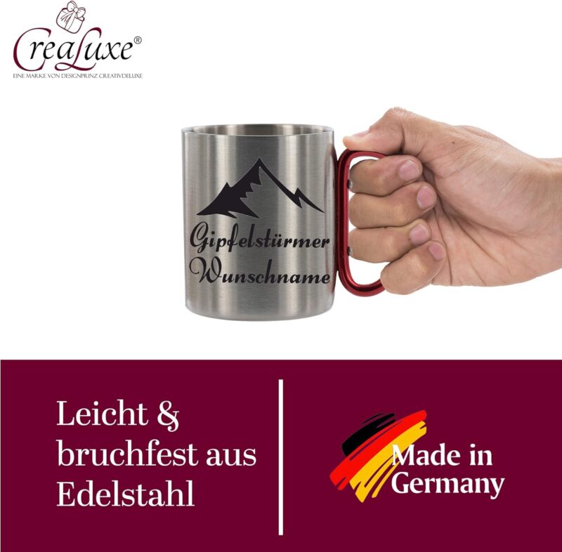 CreaLuxe Edelstahltasse mit Karabiner - Gipfelstürmer (Wunsch Name) - Tasse personalisiert - Kaffeetasse - Bürotasse - Personalisierte Geschenke - Personalisierte Tasse mit Namen – Bild 4