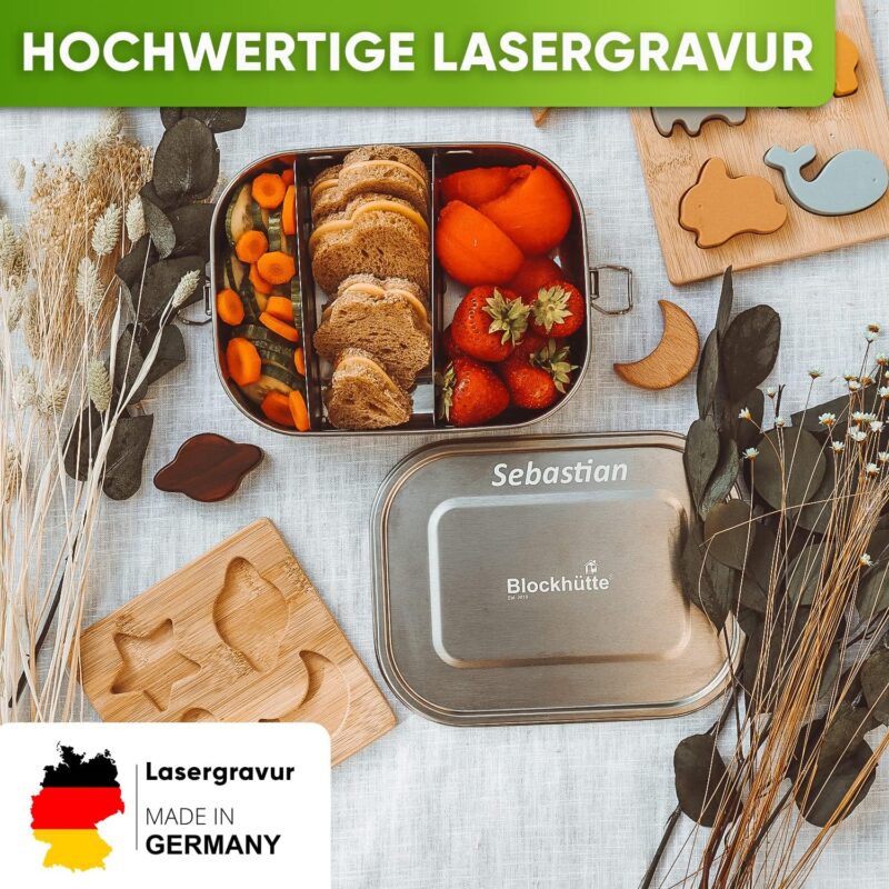 Blockhütte Personalisierte Edelstahl Brotdose mit Gravur I 1200 ml I Lunchbox mit Name, Bento Box für Kinder, Erwachsene, Brotdose mit 3 Fächern, Meal Prep Boxen, Lunchbox personalisierbar – Bild 2