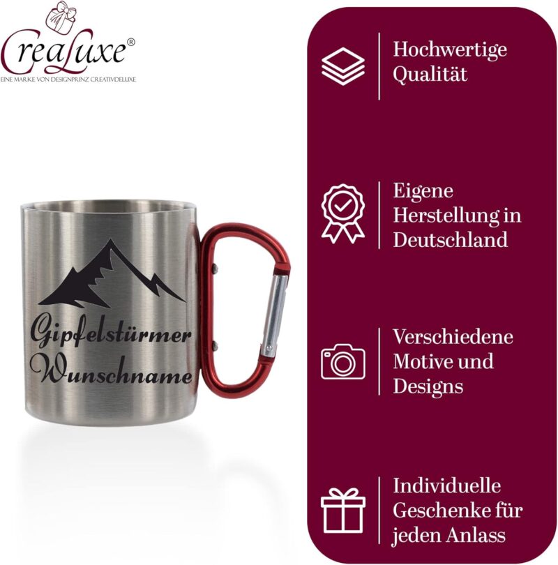 CreaLuxe Edelstahltasse mit Karabiner - Gipfelstürmer (Wunsch Name) - Tasse personalisiert - Kaffeetasse - Bürotasse - Personalisierte Geschenke - Personalisierte Tasse mit Namen – Bild 2