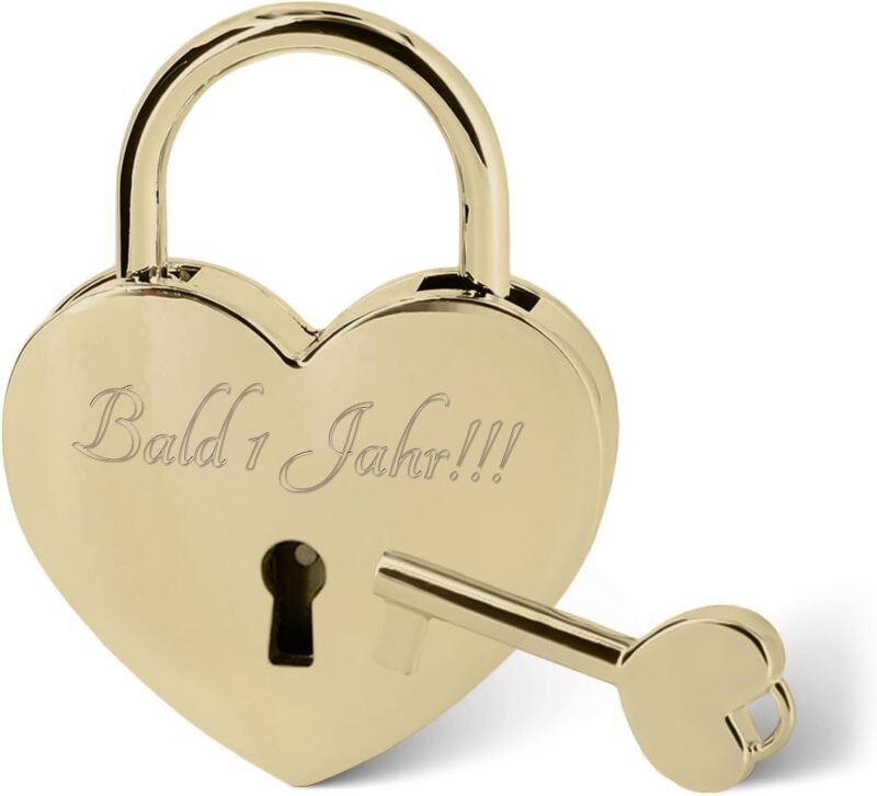 GRAVURZEILE Herzschloss mit Gravur - Personalisiertes Schloss in Gold mit Herzschlüssel - Personalisiert mit Namen & Datum - Geschenkidee zum Valentinstag - Geschenk für Sie & Ihn - Gold – Bild 2