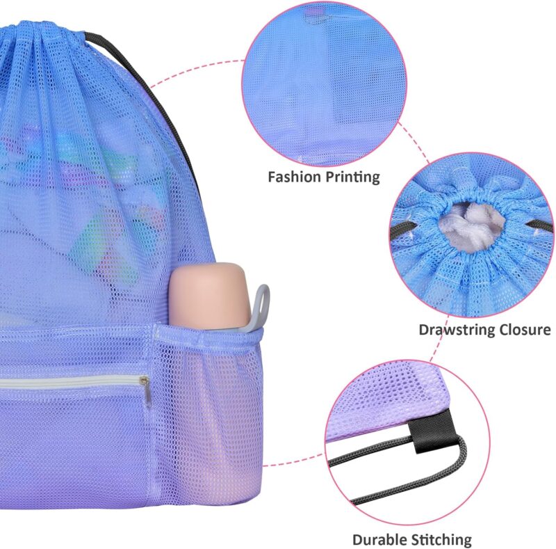 Nidoul Mesh Kordelzug Tasche mit Reißverschlusstasche, Strand Tasche für Schwimmen Gear Rucksack Gym Aufbewahrungsbeutel für Erwachsene Kinder – Bild 2