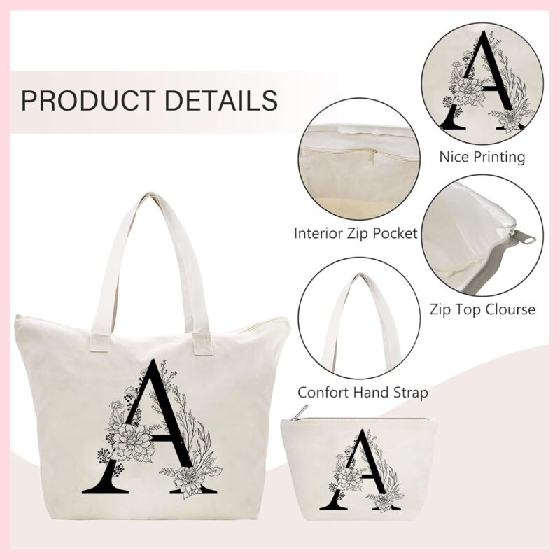 Personalisiert Initialen Tragetasche Canvas, Kosmetiktasche mit Reißver, Damen Handtasche Tote Bag, Einkaufstasche Geschenk für Frau Freundin Mama Schwester, Braut & Brautjungfern Schminktäschchen R – Bild 2