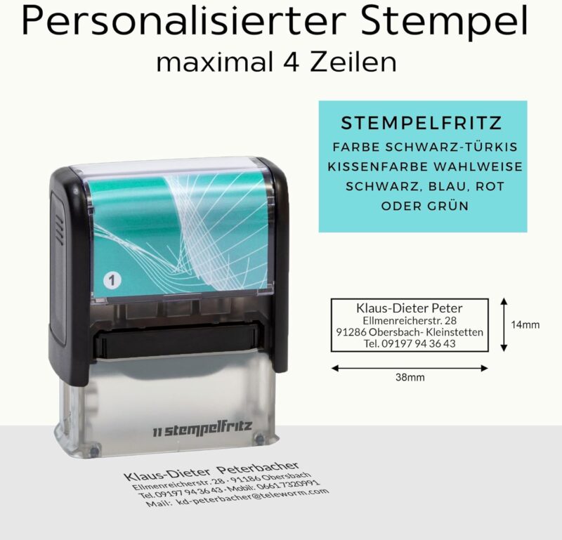 Personalisierter Stempel stempelfritz schwarz-türkis/Adressstempel mit Individuellem Wunschtext inkl. Stempelkissen zum Gestalten - 38x14mm / 4 Zeilen (Gr.1) – Bild 2