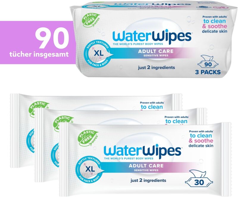 WaterWipes Adult Care Hygiene-Tücher, 90 Stück (3 Pack), extra groß, 99,9% Wasserbasis, für Körper & Intimbereich für den täglichen Gebrauch. – Bild 2