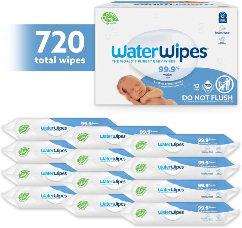 WaterWipes plastikfreie, originale Reinigungstücher für Babys, 720 Stück (12 Packungen), 99,9 % wasserbasierte Reingugnstücher, unparfümiert für empfindliche Haut – Bild 2