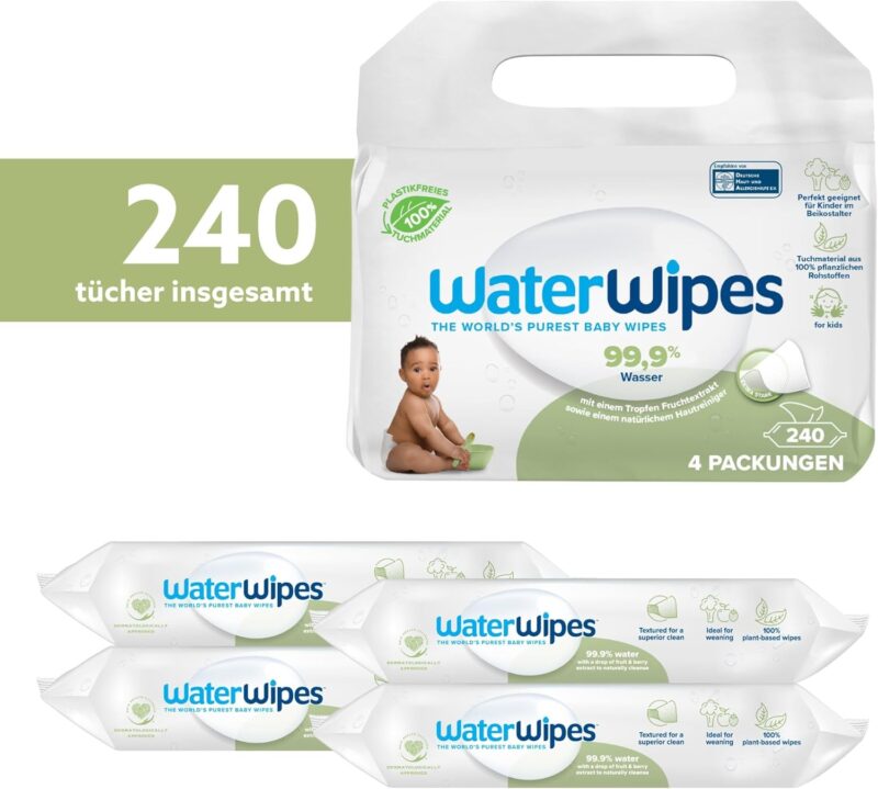 WaterWipes plastikfreie, texturierte Reinigungstücher für Kleinkinder & Babys, 240 Stück (4 Packungen), 99,9 % wasserbasierte Reinigungstücher, unparfümiert für empfindliche Haut – Bild 2