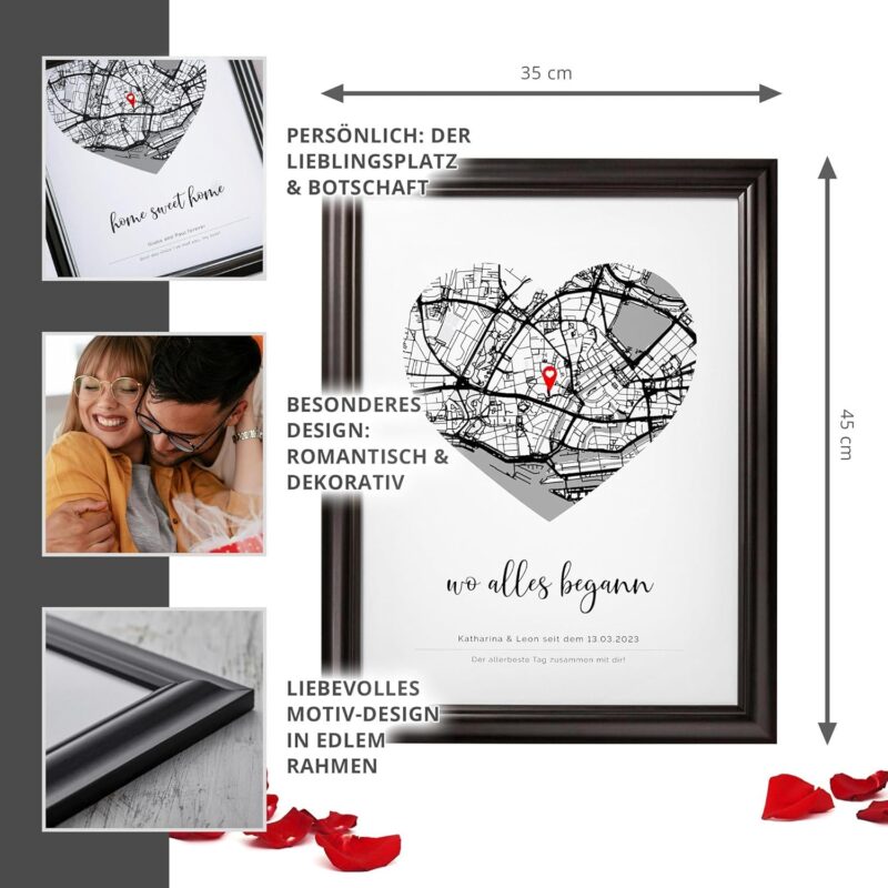 Wo alles begann Bild, Personalisiertes Poster mit Rahmen, Deko Herz Stadtkarte, Bild mit Rahmen, Stadtplan Wandbild, Personalisierte Bilder, Einzugsgeschenke, Partnergeschenk, Einweihungsgeschenk – Bild 2