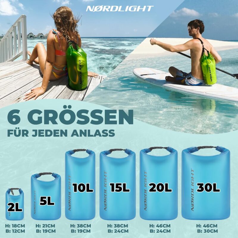 Nordlight Dry Bag wasserdichte Tasche - 2l 5l 10l 15l 20l 30l Liter | Wasserfester Packsack Seesack Beutel Waterproof Drybag + Roll-Top + Schultergurt | Schwimmen Baden Strand Kanu SUP Tauchen Handy – Bild 3