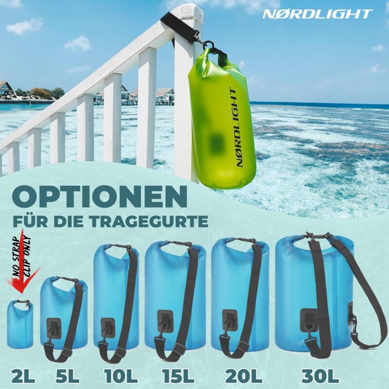 Nordlight Dry Bag wasserdichte Tasche - 2l 5l 10l 15l 20l 30l Liter | Wasserfester Packsack Seesack Beutel Waterproof Drybag + Roll-Top + Schultergurt | Schwimmen Baden Strand Kanu SUP Tauchen Handy – Bild 4