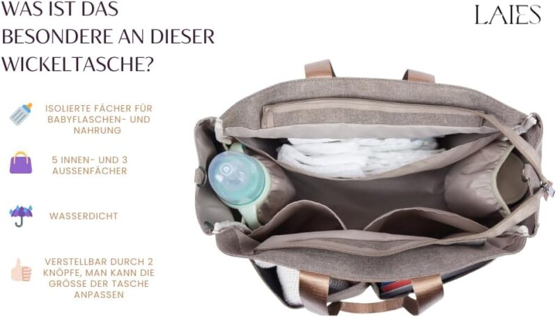 Große Wickeltasche - wasserdicht, verstellbar inkl. Wickelauflage, Kosmetiktasche, Haken für Kinderwagen, Organizer und Zubehör – Bild 4