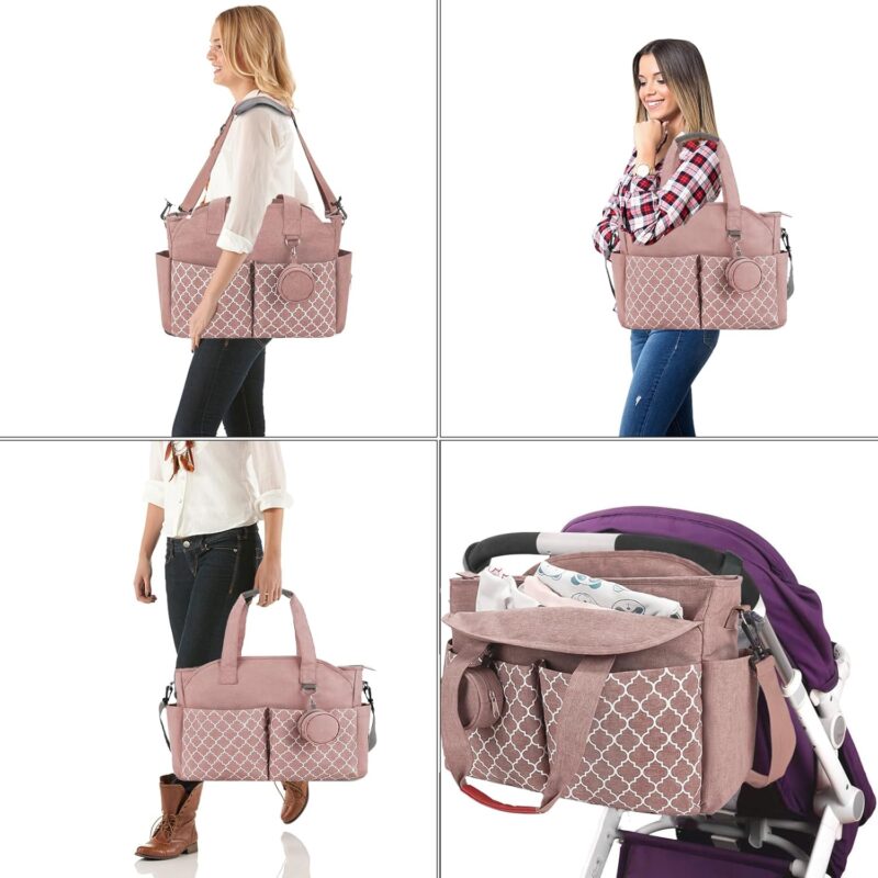 Bizcasa Baby Wickeltasche, 13 Taschen, Reise Wickeltasche Henkeltaschen Portable Babytasche mit Schnullertasche, Großer Stauraum für alle Babyzubehörteile (Rosa) – Bild 3