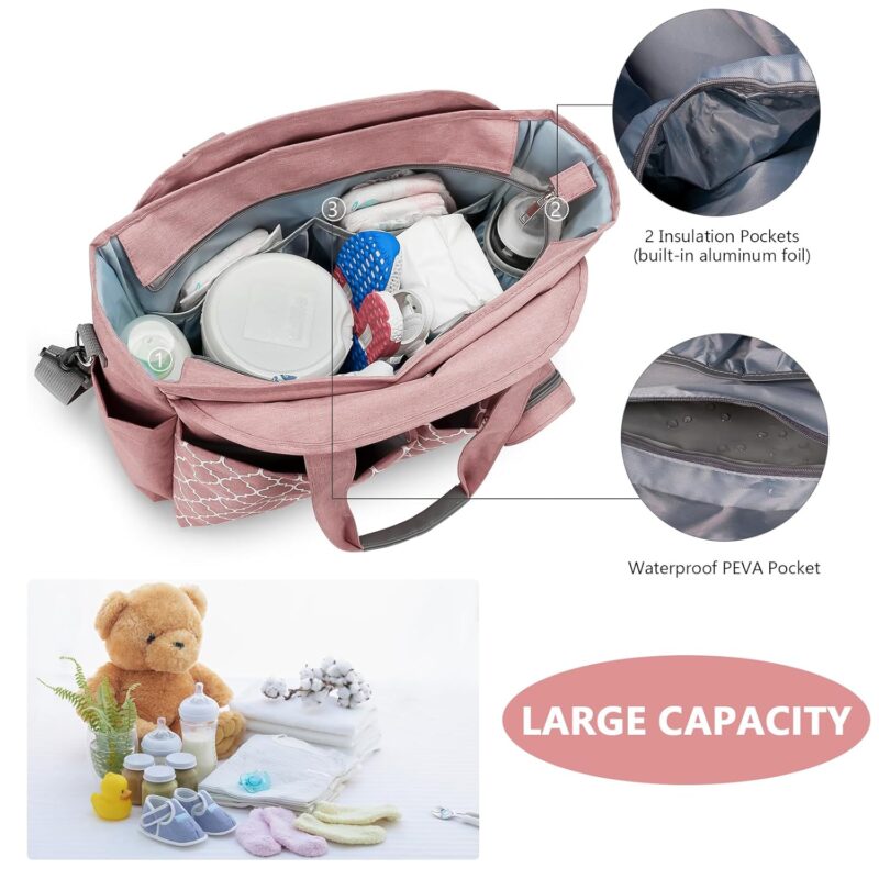 Bizcasa Baby Wickeltasche, 13 Taschen, Reise Wickeltasche Henkeltaschen Portable Babytasche mit Schnullertasche, Großer Stauraum für alle Babyzubehörteile (Rosa) – Bild 4